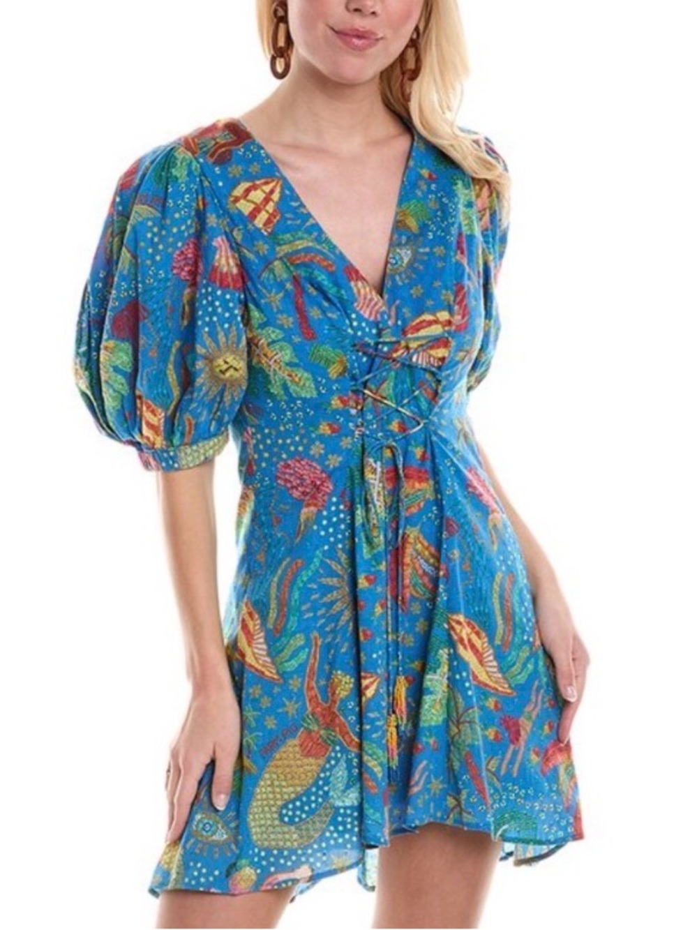 FARM Rio Ocean Stories Celestial Tropical Lace-Up Puff-Sleeve Mini Dress XSmall